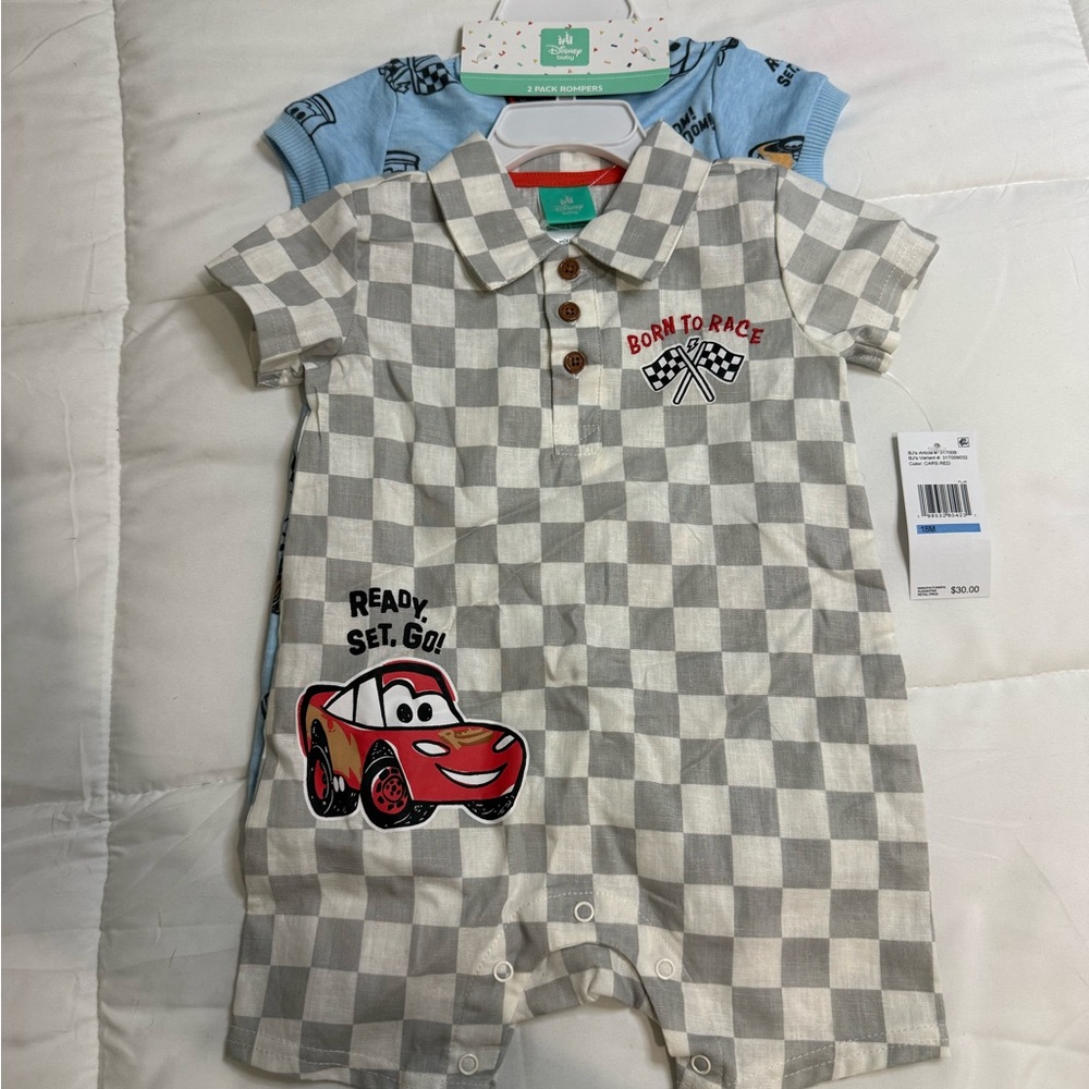 Disney Gray and White Checkered Lightning McQueen Romper